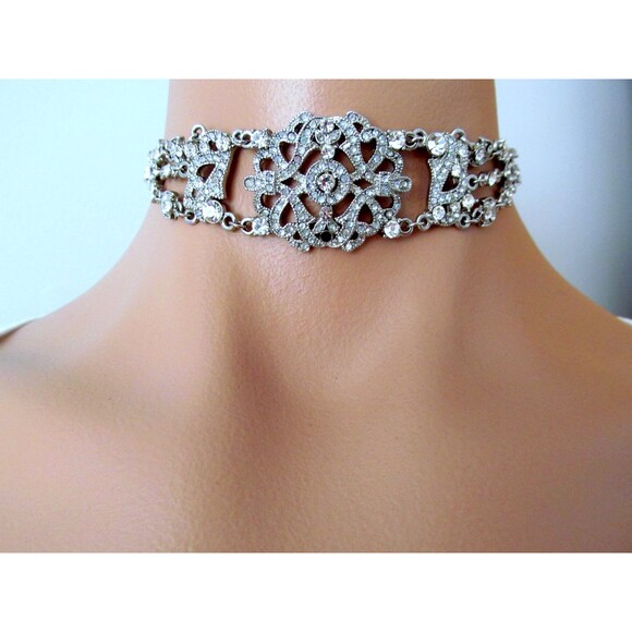 VTG Rhinestone Prong Set Choker Necklace Clear Adjustable VOLM - Picture 3 of 8